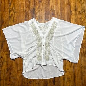 YIBEL Women's White Cream Floral Embroidered Oversized Boxy Top‎ Pearl Buttons M